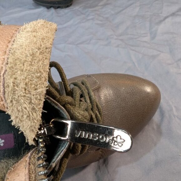 Vinsor Brown Leather Fold Over Fur Heel Boots Lug Sole Women Size 225 - Picture 7 of 9